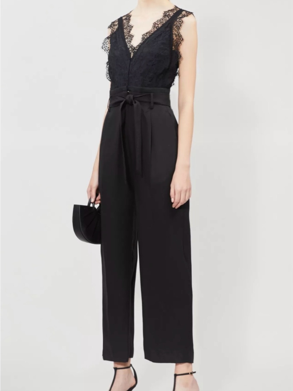 Sandro Floral Lace V-Neck Black Sleeveless Jumpsuit with Waist Tie